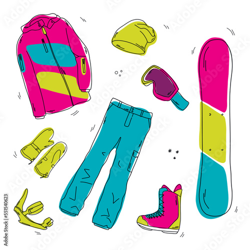 Winter sport kit. Snowboarding set equipment isolated on white background in flat style design. Equipment and clothes for winter extreme sport. Bindings boots. Snowboard. Vector clothing set.