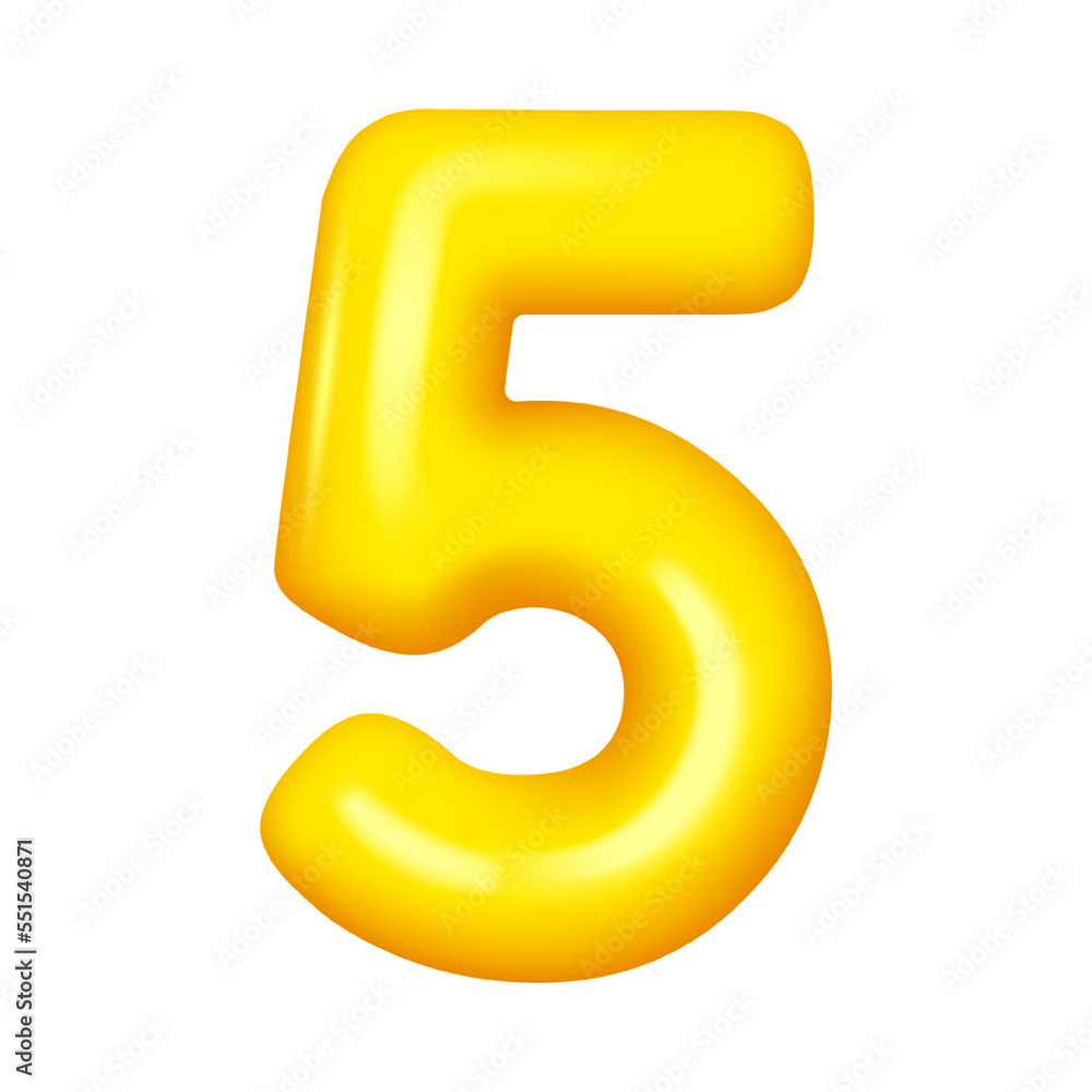 Number five numeral, fifth yellow glossy balloon. Vector anniversary celebration symbol, 5 numeral for advertising and promotion banner, greeting cards design element, shiny digital figure Number five numeral, fifth yellow glossy balloon. Vector anniversary celebration symbol, 5 numeral for advertising and promotion banner, greeting cards design element, shiny digital figure