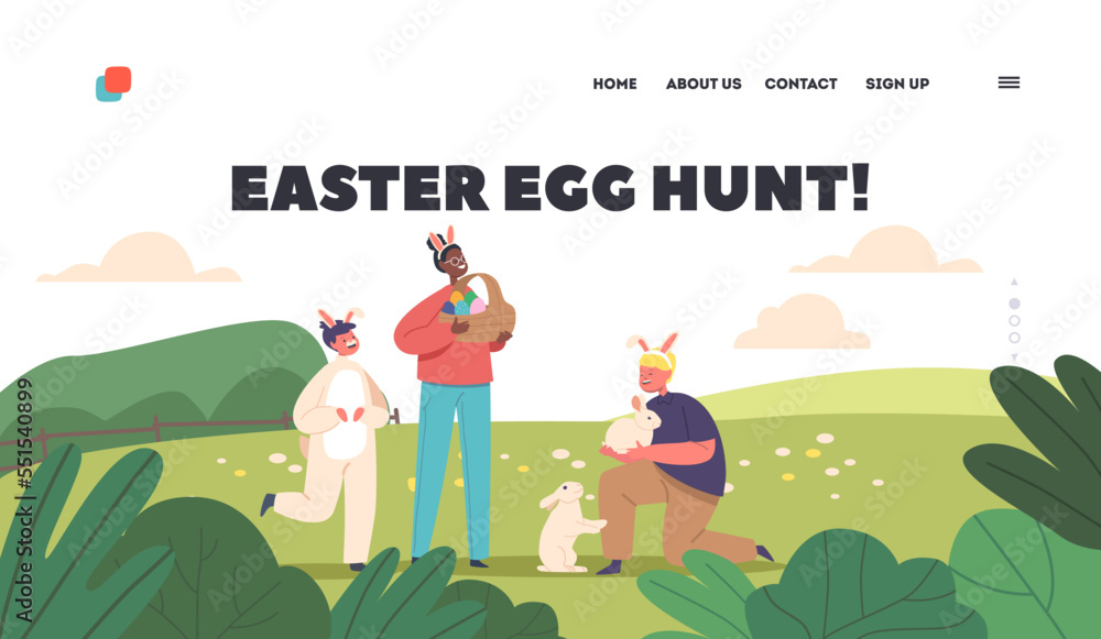 Fototapeta premium Easter Egg Hunt Landing Page Template. Happy Kids with Cute Rabbits and Painted Colorful Eggs in Basket in Spring Garden