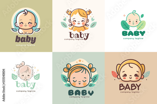 Cute baby girl boy logo template set Vector cartoon illustration Icon