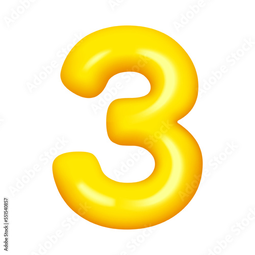 Three number 3d numeral, third anniversary balloon, wedding greeting cards elegant sign. Vector birthday party font, 3rd numeral of golden yellow metal, 3 elegant balloon greeting cards decor