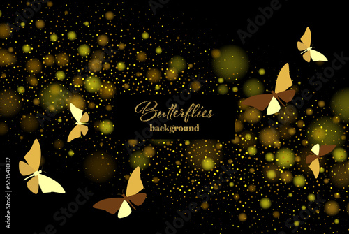 Golden butterflies, golden bokeh dust on dark background, vector design