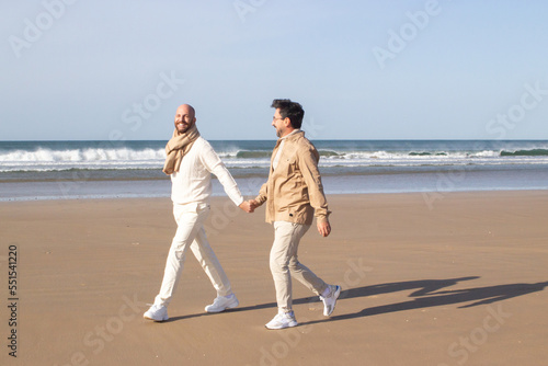 Positive homosexual couple holding hands at stroll. Smiling bald man in scarf enjoying beach date with boyfriend. Gays concept