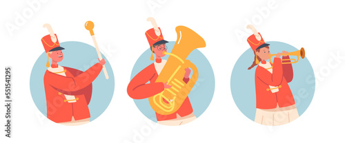 Kids Military Orchestra Conductor with Stick and Children Playing Musical Instruments Trumpet and Tuba Isolated Icons