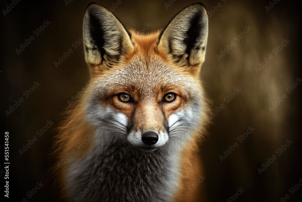 Red Fox - close-up portrait with bokeh of pine trees in the background. Making eye contact. Digital art Red Fox - close-up portrait with bokeh of pine trees in the background. Making eye contact. Digital art