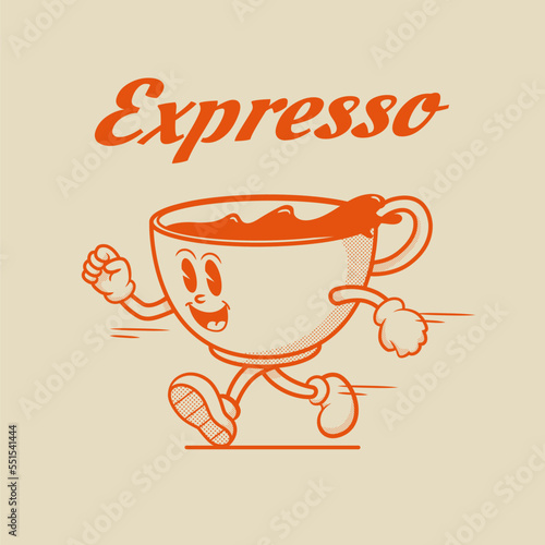 Espresso Coffee Cup Character, Retro Mascot Character