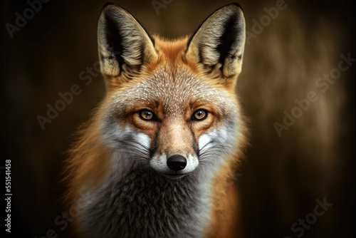 Red Fox -  close-up portrait with bokeh of pine trees in the background. Making eye contact. Digital art