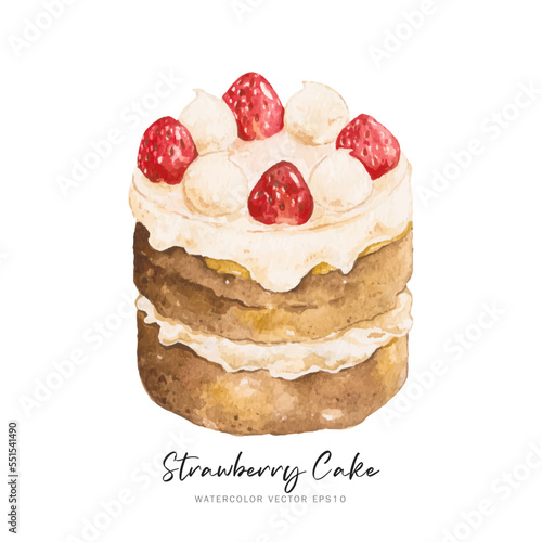 Strawberry cake dessert watercolor vector