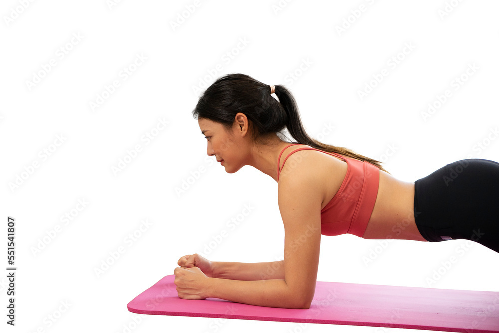 Fototapeta premium Woman doing plank exercise on transparent PNG background.