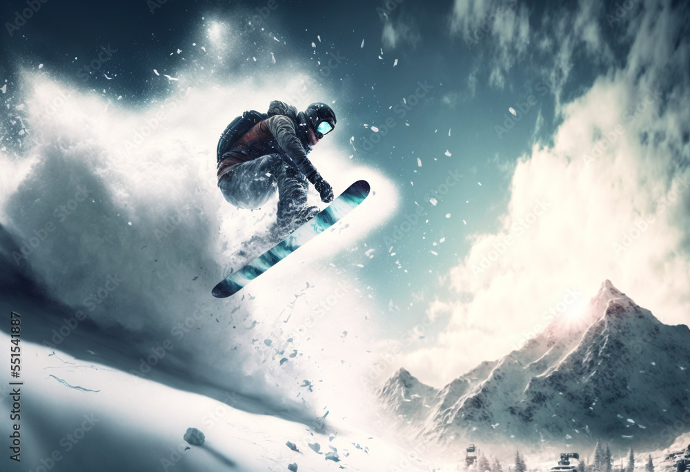 Naklejka premium Jumping skier Snowboarding Extreme Winter Sport, High Speed Snow Jump, Skiing at High Speed 3D Illustration, Fictional Character