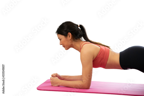 Woman doing plank exercise on transparent PNG background.