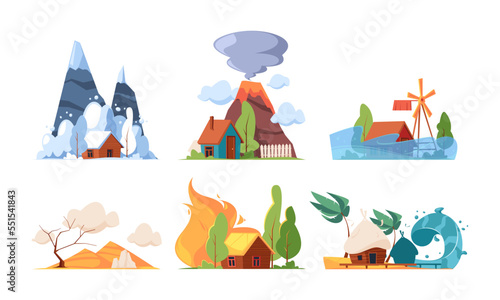 Set Natural Disasters, Accidents In Nature Snow Avalanche, Volcano Eruption, Flood, Sandstorm, Forest Fire And Tsunami