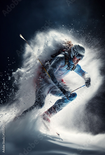 Jumping skier Snowboarding Extreme Winter Sport, High Speed Snow Jump, Skiing at High Speed 3D Illustration, Fictional Character