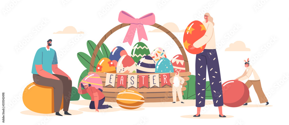 Happy Family Easter Celebration. Parents and Children Girls or Boys Wear Rabbit Ears Play and Hunt Eggs near Huge Basket