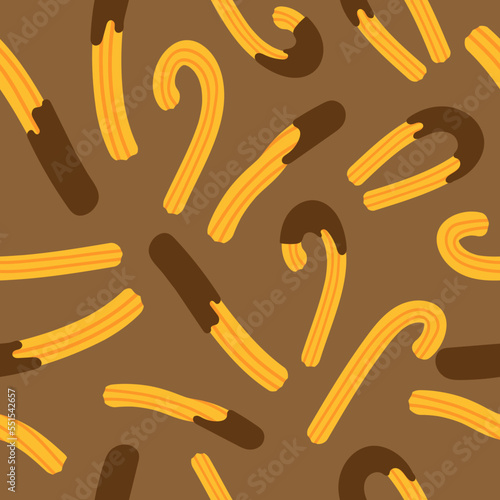 Mexican or Spanish traditional dessert. Churros with chocolate. Seamless pattern. Traditional pastries. Endlessly repeating churros. Vector