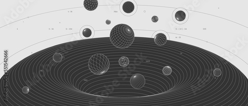 Strange abstract modern wireframes 3d geometric shapes, graphic composition design vector background, flying balls from black hole wormhole, scientific illustration