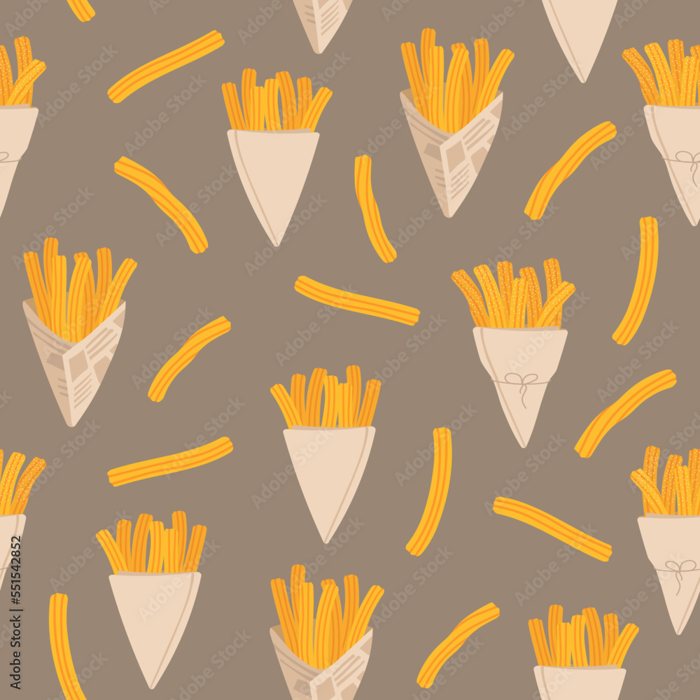 Fototapeta premium Seamless pattern with churros. Mexican or Spanish traditional dessert. Endlessly repeating churros. Vector illustration for design.