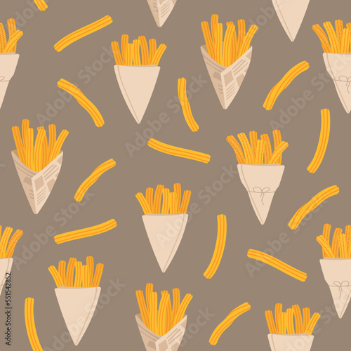 Seamless pattern with churros. Mexican or Spanish traditional dessert. Endlessly repeating churros. Vector illustration for design.