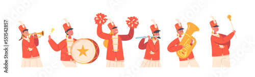 Victory Parade with Children Musician Characters Marching. Military Orchestra Playing Musical Instruments Flute, Drum