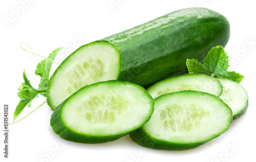 Slicing cucumber with leaves isolated on white background.