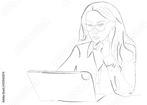 Business lady working on tablet vector line art