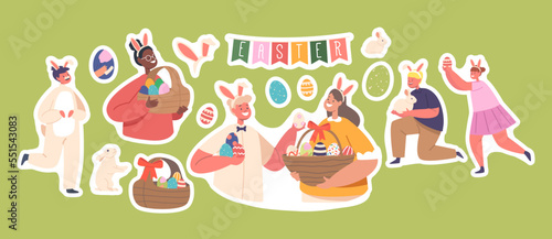 Set of Stickers Children with Painted Eggs, Easter Game, Fun Amusement. Girls and Boys Wear Rabbit Ears and Costumes