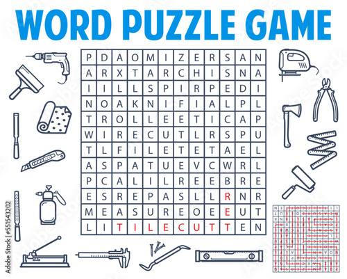 Repair and construction tools. Word search puzzle game worksheet. Quiz grid, vector riddle with drill, spatula and utility knife, carpenter rule, ax and paint roller, sprayer and tile cutter, file