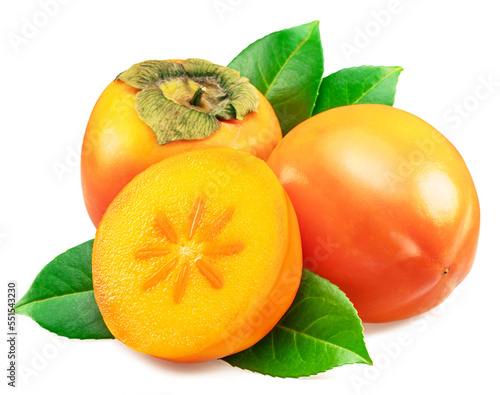 Ripe orange persimmon fruits or kaki fruits with leaves and cross cut of fruit isolated on white background.