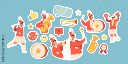 Set of Stickers Kids Band In Red Uniform Marching on Parade. Girls And Boys Play Music With Drum, Brass Horn, Flute