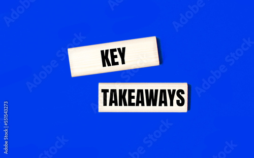 Two wooden blocks with the text KEY TAKEAWAYS on a blue background. Copy space