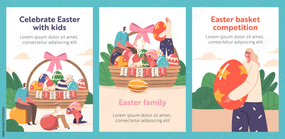 Happy Family Easter Celebration Cartoon Banners. Parents and Children Girls and Boys Wear Rabbit Ears Play and Hunt