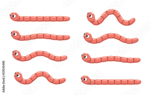 Animated cartoon funny worm. Animation of crawl earthworm. Happy animal movement stages or frames, earth worm funny vector character. Cute earthworm isolated personage animation motion sequence loop photo