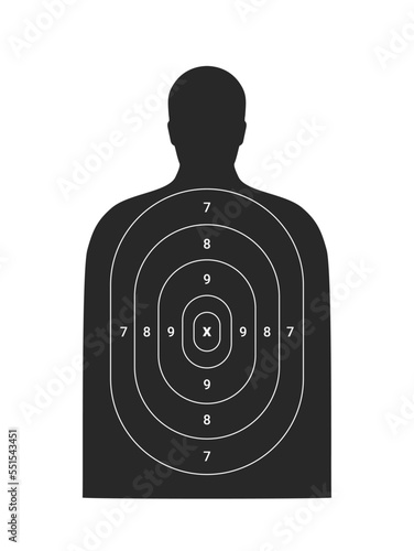 Human target. Man body silhouette. Police shoot training, sniper riffle aiming and pistol, weapon shooting range man torso and head figure, human body vector target with scoring template and bullseye