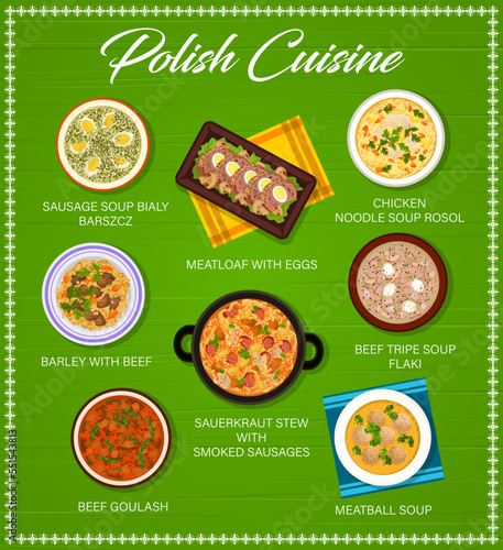 Polish cuisine menu, food of Poland, restaurant dishes and traditional meals, vector. Polish cuisine lunch and dinner food chicken noodle soup rosol, sausage soup bialy barszcz and beef goulash