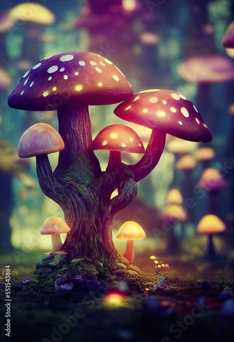Glowing mushroom with fireflies in the magic forest