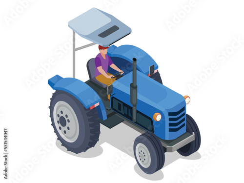 Isometric Tractor works in a field, Agriculture machinery. Heavy agricultural machinery for fieldwork