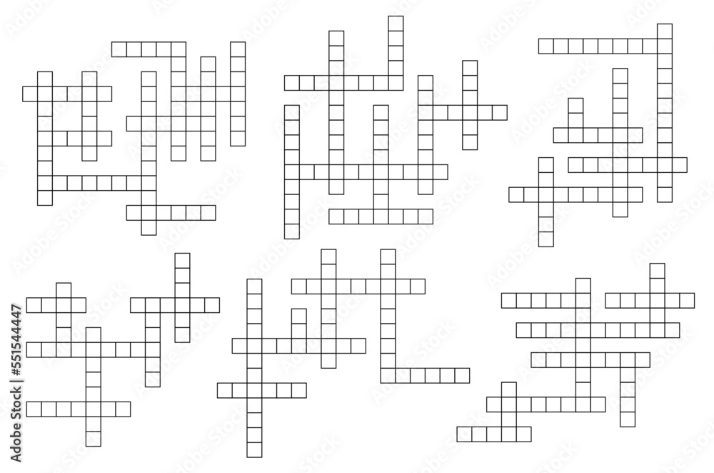 Crossword game grid vector puzzle template. Mind quiz with empty black squares, abstract brainteaser pattern with blank boxes. Riddle worksheet and boardgame quiz. Crossword layout for newspaper