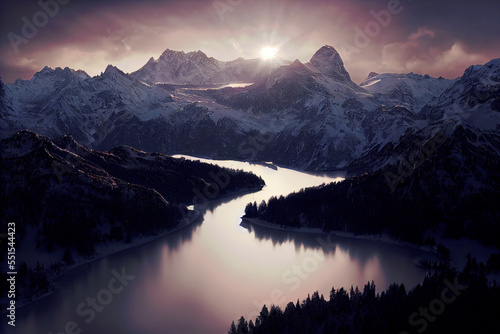 Panoramic landscape with lake view, mountains with blue sky and fluffy clouds, countryside in summer © DNY3D
