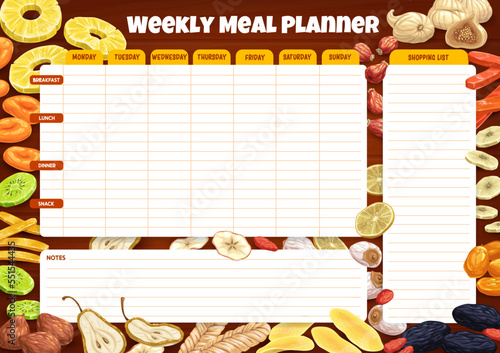 Dried fruits weekly meal planner schedule. Vector timetable, week food plan organizer. Calendar menu with shopping list for grocery purchase. Diary template for personal dieting with dry fruity sweets