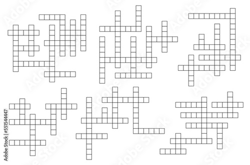 Crossword game grid vector puzzle template. Mind quiz with empty black squares, abstract brainteaser pattern with blank boxes. Riddle worksheet and boardgame quiz. Crossword layout for newspaper
