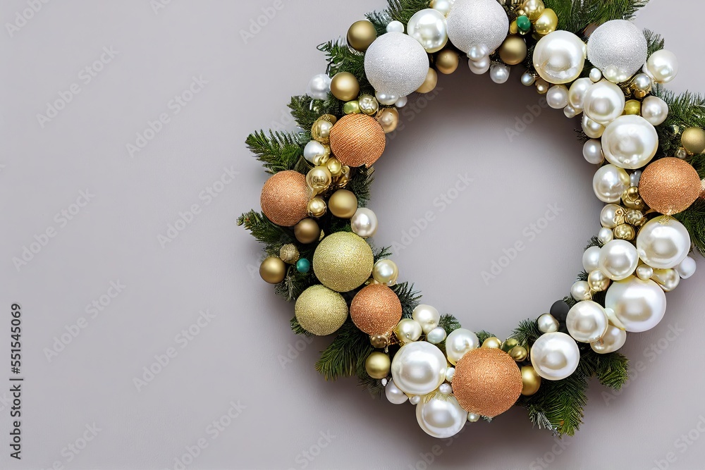Luxury Christmas wreath with red, golden, pearl christmas toys, ribbons, stars, pine isolated on white background Luxury Christmas wreath with red, golden, pearl christmas toys, ribbons, stars, pine isolated on white background