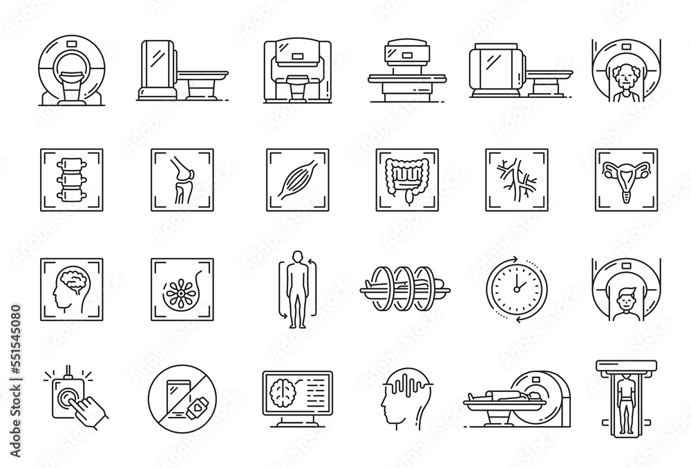 MRI scan outline icons. Hospital or clinic radiology, tomography diagnostic, magnetic resonance imagining medical equipment thin vector thin line symbols or pictograms with MRI scanner, patient organs
