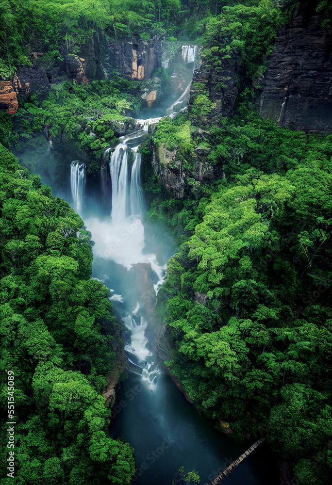Tall waterfall in the jungle with lush vegetation