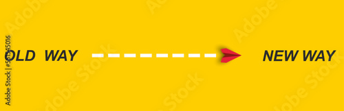 Red paper airplane flying old way new way. New Idea concept. business life change concept. Different thinking, Business leader, personality development idea concept.