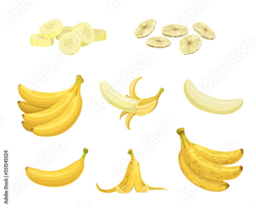 Cartoon ripe banana fruit and snacks. Banana peel, bunch of fresh and overripe tropical fruits isolated vector. Chopped and dried snack, natural food diet and healthy nutrition ingredient