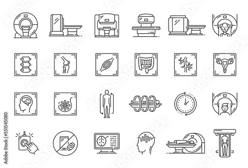 MRI scan outline icons. Hospital or clinic radiology, tomography diagnostic, magnetic resonance imagining medical equipment thin vector thin line symbols or pictograms with MRI scanner, patient organs