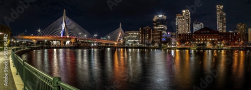 Panoramic view of the Zakim cable-stayed bridge at night in Boston, Massachusetts. photo