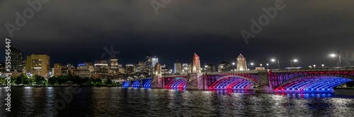 Panoramic view of the Longfellow Bridge at night in Boston, Massachusetts.