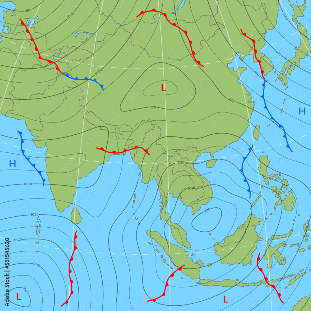 Stockvektorbilden Forecast weather isobar map of Asia with wind fronts