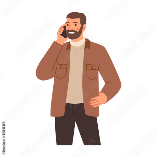 Male personage talking on phone. Isolated portrait of bearded man with smartphone interacting and communicating. Flat cartoon character, vector in flat style